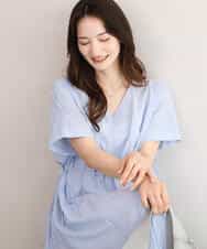 F1EJD77230 MK MICHEL KLEIN(小さいサイズ)(メゾン ドゥ サンク) [接触冷感/透湿性/洗える]ストライプ柄V開きワンピース ネイビー