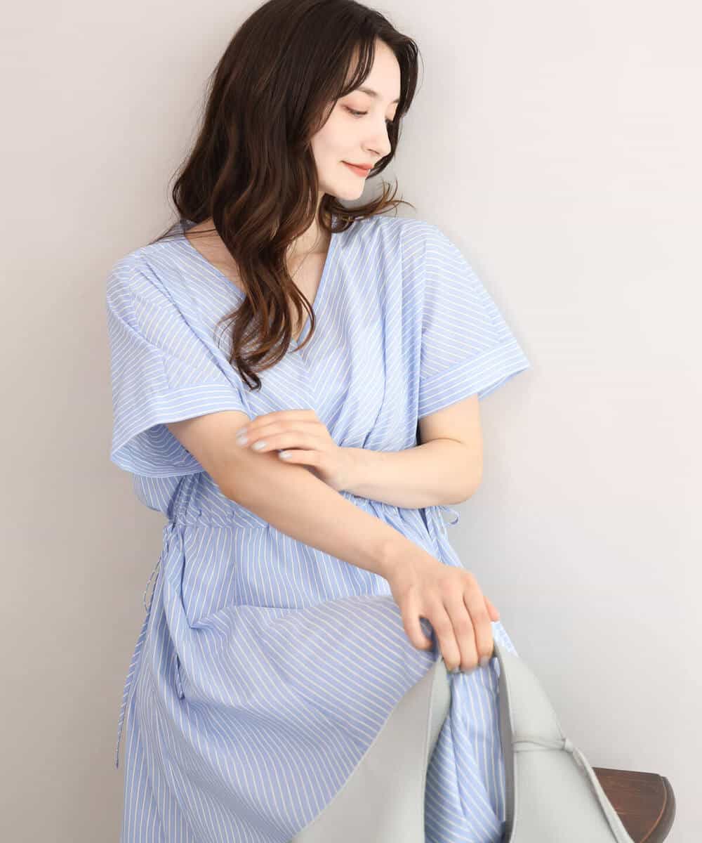 F1EJD77230 MK MICHEL KLEIN(小さいサイズ)(メゾン ドゥ サンク) [接触冷感/透湿性/洗える]ストライプ柄V開きワンピース ネイビー