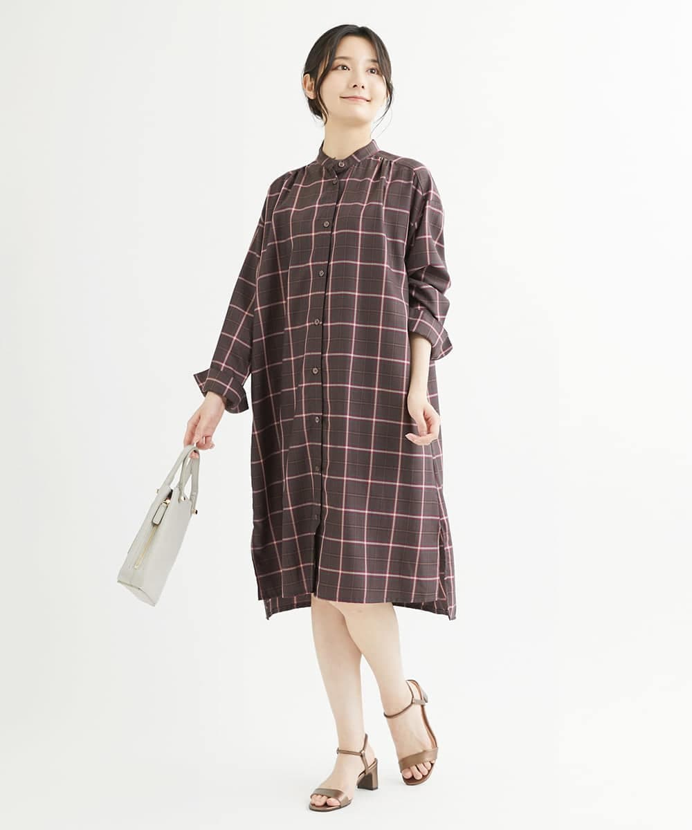 小さいサイズ】先染めチェック柄ロングシャツワンピース/洗える