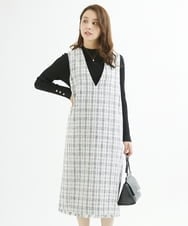 F1EJS36210 MK MICHEL KLEIN(小さいサイズ)(メゾン ドゥ サンク) 【小さいサイズ】チェック柄ツイードVネックジャンパースカート/洗える ホワイト
