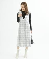 F1EJS36210 MK MICHEL KLEIN(小さいサイズ)(メゾン ドゥ サンク) 【小さいサイズ】チェック柄ツイードVネックジャンパースカート/洗える ホワイト