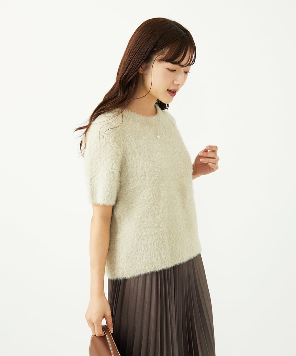 F1FAD30120 MK MICHEL KLEIN(小さいサイズ)(メゾン ドゥ サンク) 【小さいサイズ】半袖シャギーニット/洗える ミントブルー
