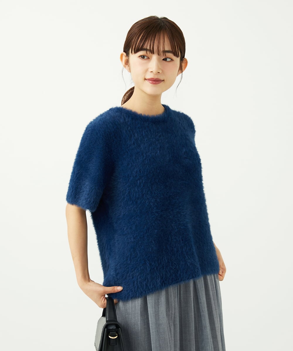 F1FAD30120 MK MICHEL KLEIN(小さいサイズ)(メゾン ドゥ サンク) 【小さいサイズ】半袖シャギーニット/洗える ミントブルー