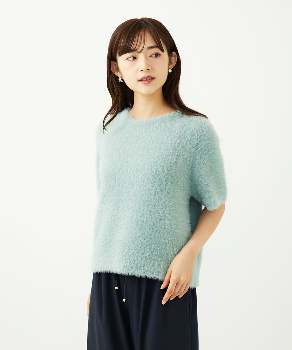 F1FAD30120 MK MICHEL KLEIN(小さいサイズ)(メゾン ドゥ サンク) 【小さいサイズ】半袖シャギーニット/洗える ミントブルー
