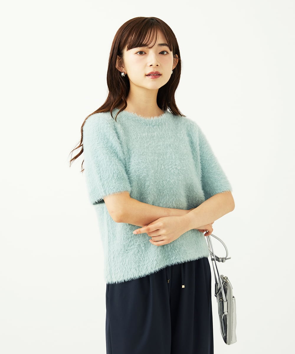 F1FAD30120 MK MICHEL KLEIN(小さいサイズ)(メゾン ドゥ サンク) 【小さいサイズ】半袖シャギーニット/洗える ミントブルー