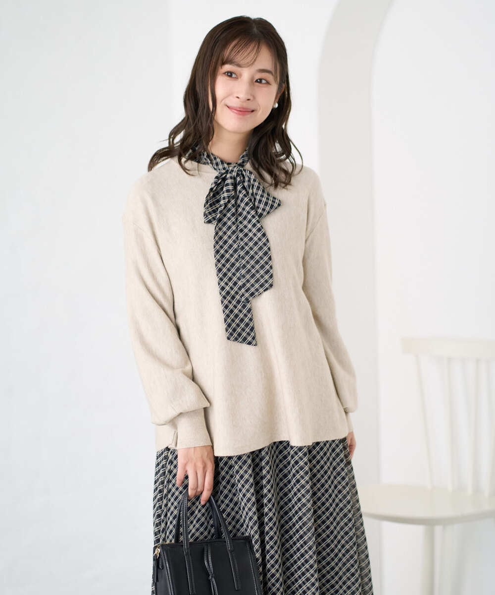 F1FAD40150 MK MICHEL KLEIN(小さいサイズ)(メゾン ドゥ サンク) 【小さいサイズ】フレアーシルエットチュニックニット/洗える ライトブルー