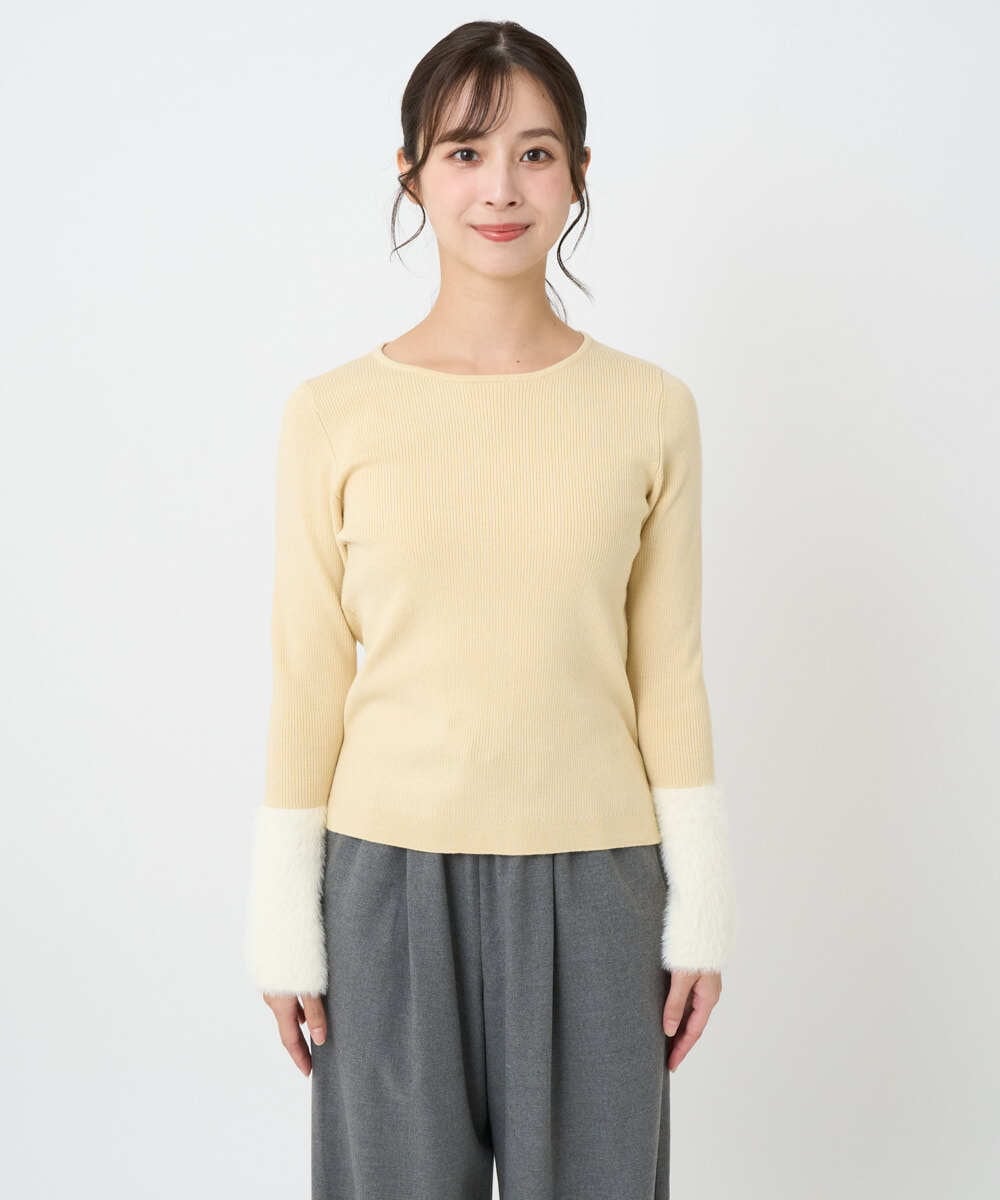 F1FAD41140 MK MICHEL KLEIN(小さいサイズ)(メゾン ドゥ サンク) 【小さいサイズ】フェザー切替えコンパクトリブニット/洗える ライトイエロー