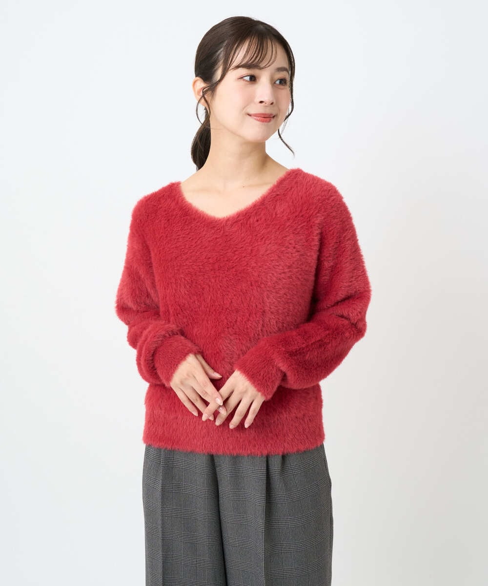 F1FAD46130 MK MICHEL KLEIN(小さいサイズ)(メゾン ドゥ サンク) 【小さいサイズ】フェザーニットプルオーバー/前後2way/洗える レッド