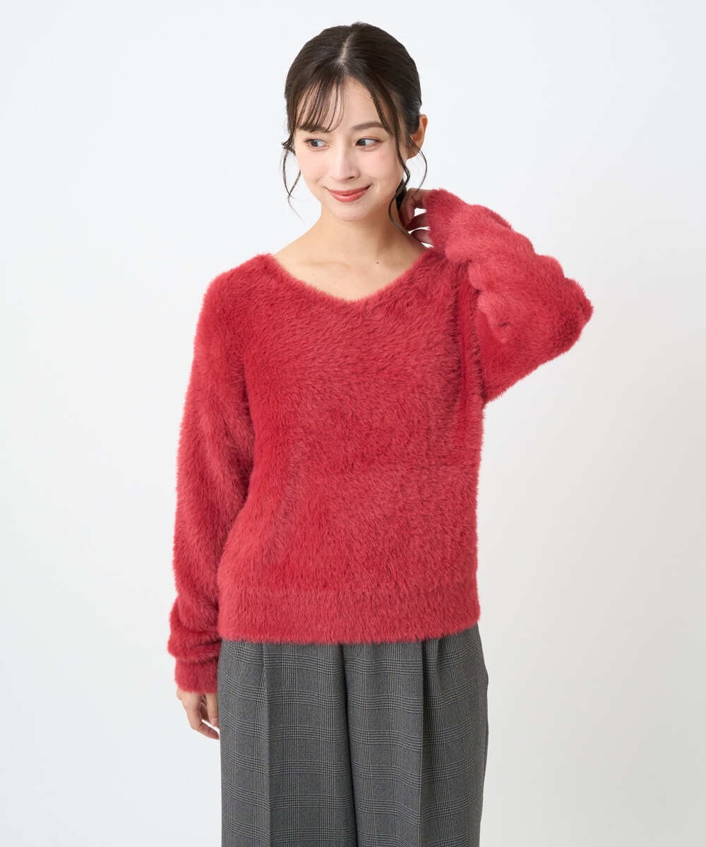 F1FAD46130 MK MICHEL KLEIN(小さいサイズ)(メゾン ドゥ サンク) 【小さいサイズ】フェザーニットプルオーバー/前後2way/洗える レッド