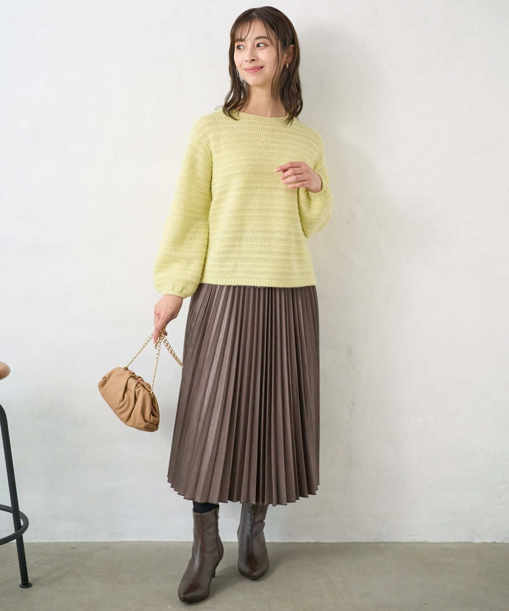 F1FAD47150 MK MICHEL KLEIN(小さいサイズ)(メゾン ドゥ サンク) 【小さいサイズ】シアーボーダーボリュームパフスリーブニット/洗える ライトイエロー