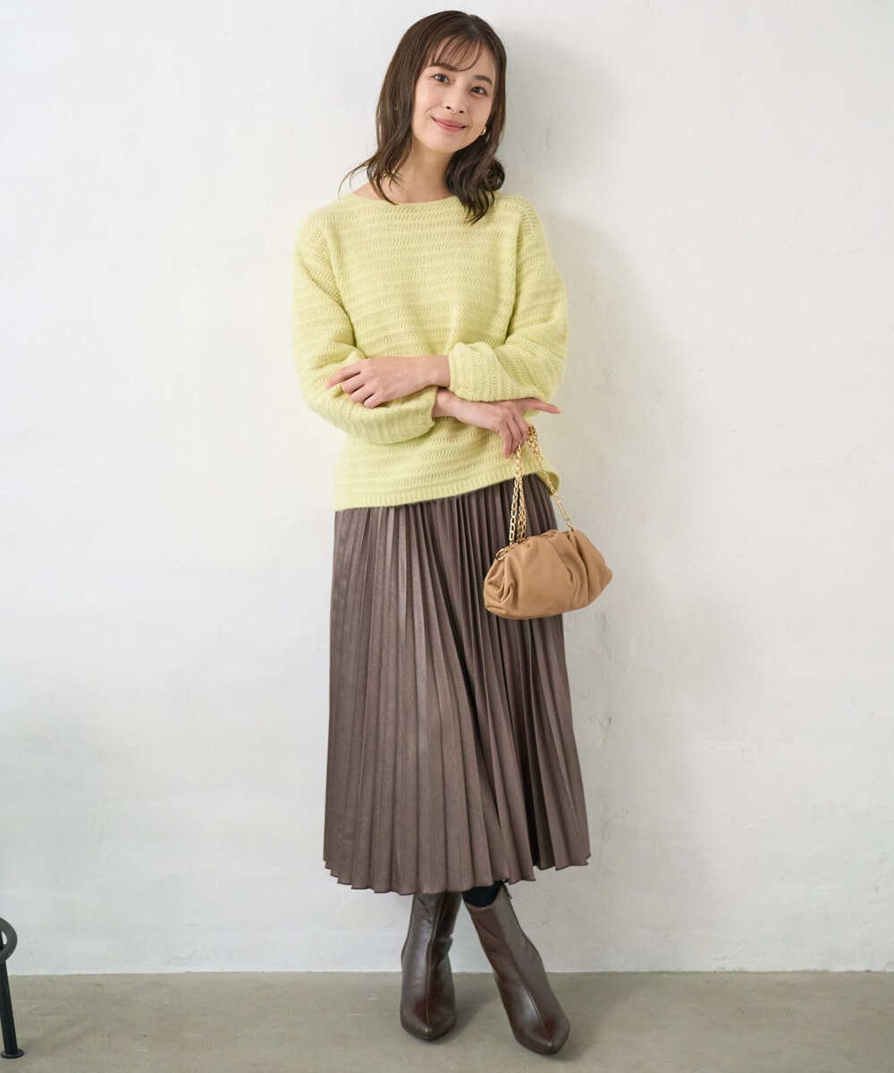 F1FAD47150 MK MICHEL KLEIN(小さいサイズ)(メゾン ドゥ サンク) 【小さいサイズ】シアーボーダーボリュームパフスリーブニット/洗える ライトイエロー