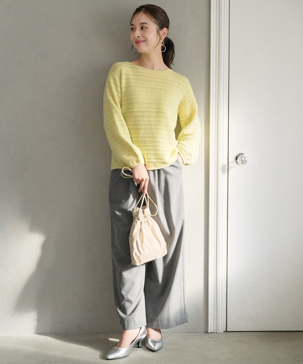 F1FAD47150 MK MICHEL KLEIN(小さいサイズ)(メゾン ドゥ サンク) 【小さいサイズ】シアーボーダーボリュームパフスリーブニット/洗える ライトイエロー