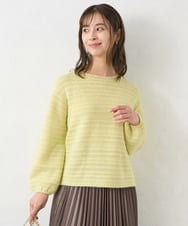 F1FAD47150 MK MICHEL KLEIN(小さいサイズ)(メゾン ドゥ サンク) 【小さいサイズ】シアーボーダーボリュームパフスリーブニット/洗える ライトイエロー