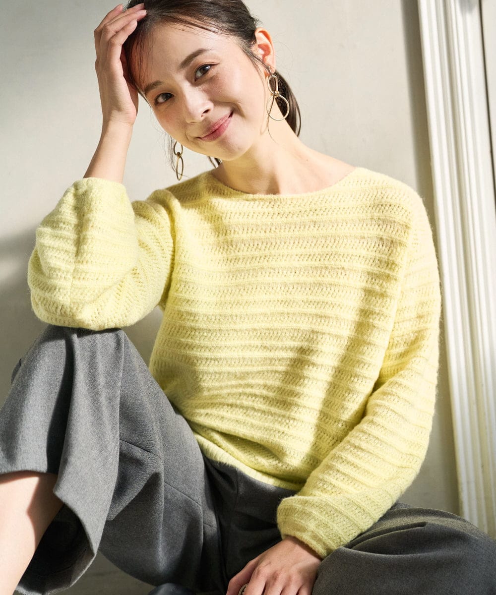 F1FAD47150 MK MICHEL KLEIN(小さいサイズ)(メゾン ドゥ サンク) 【小さいサイズ】シアーボーダーボリュームパフスリーブニット/洗える ライトイエロー