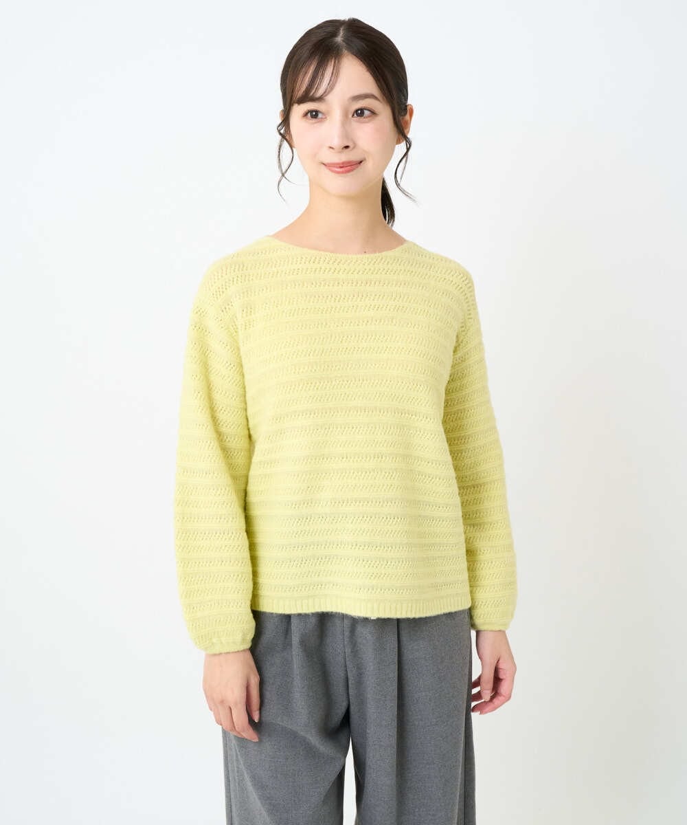 F1FAD47150 MK MICHEL KLEIN(小さいサイズ)(メゾン ドゥ サンク) 【小さいサイズ】シアーボーダーボリュームパフスリーブニット/洗える ライトイエロー