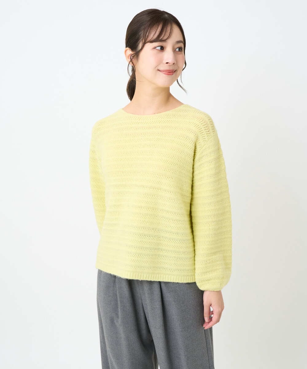 F1FAD47150 MK MICHEL KLEIN(小さいサイズ)(メゾン ドゥ サンク) 【小さいサイズ】シアーボーダーボリュームパフスリーブニット/洗える ライトイエロー