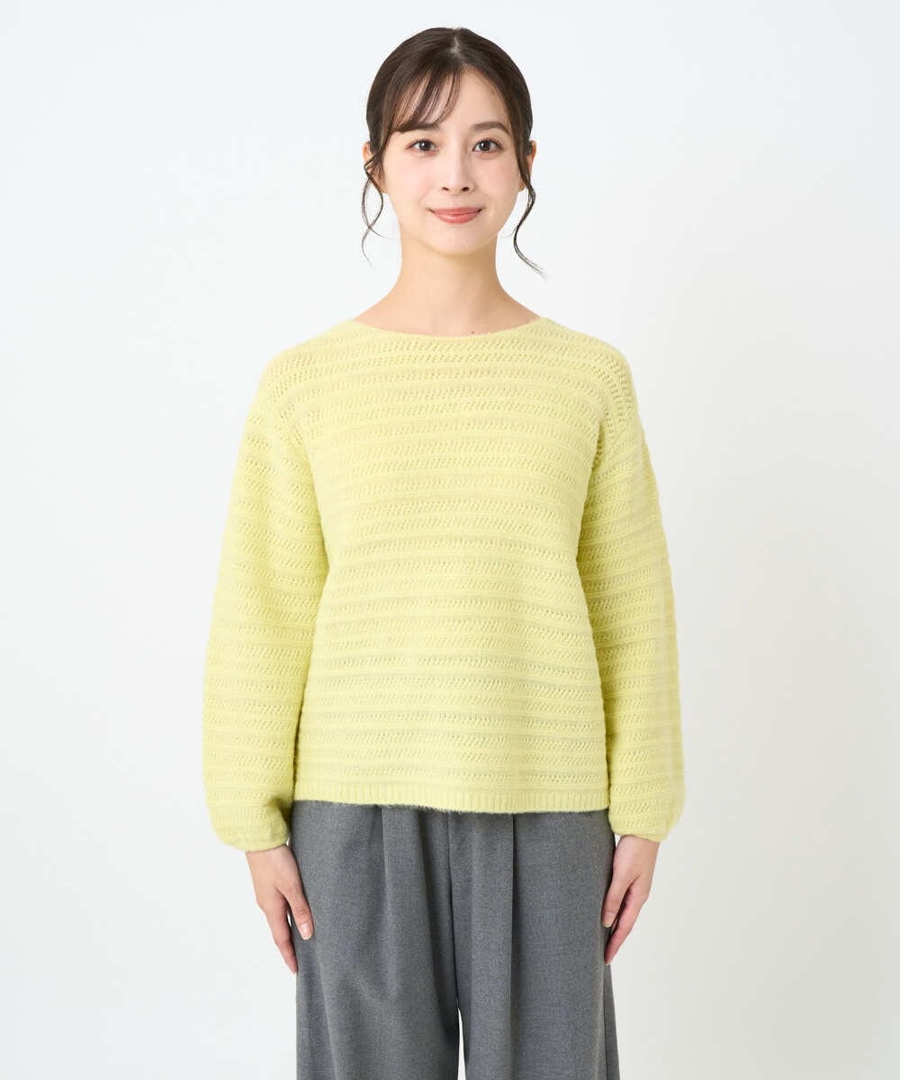F1FAD47150 MK MICHEL KLEIN(小さいサイズ)(メゾン ドゥ サンク) 【小さいサイズ】シアーボーダーボリュームパフスリーブニット/洗える ライトイエロー