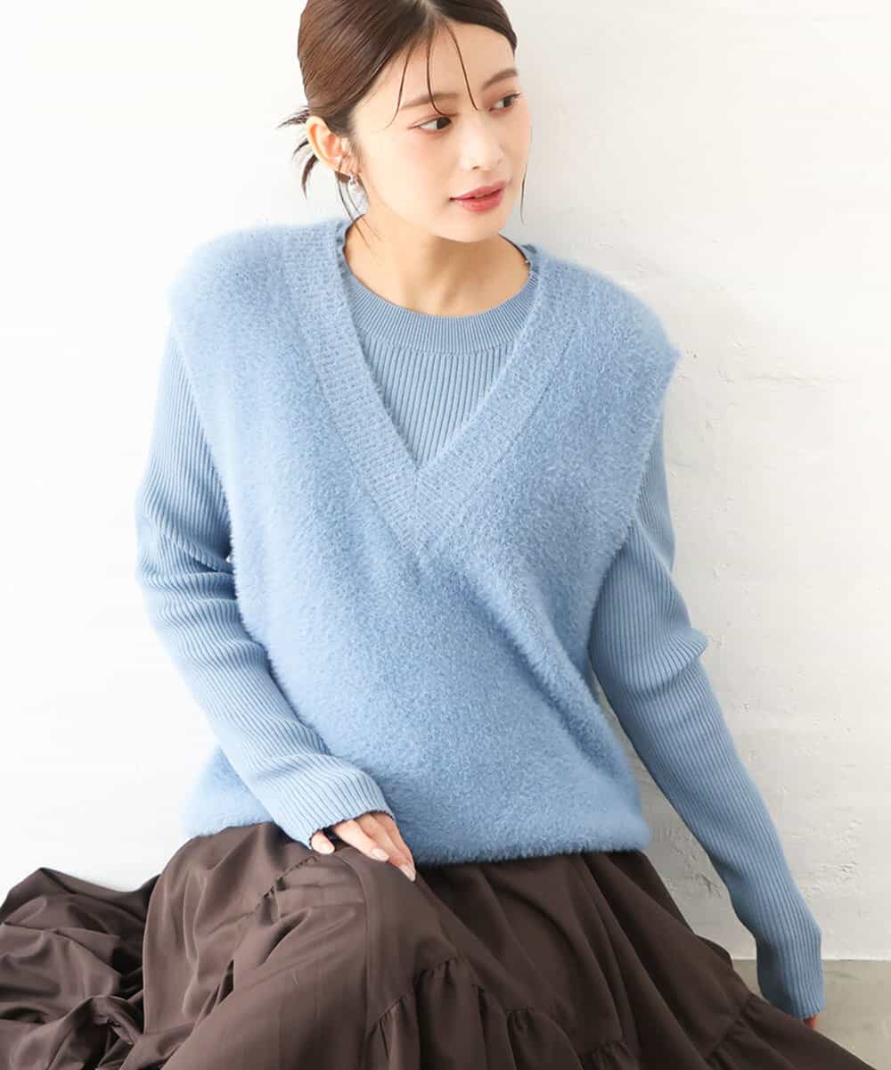 F1FAG41180 MK MICHEL KLEIN(小さいサイズ) 【小さいサイズ】[洗える]シャギーベスト×ハイゲージリブニット アンサンブル