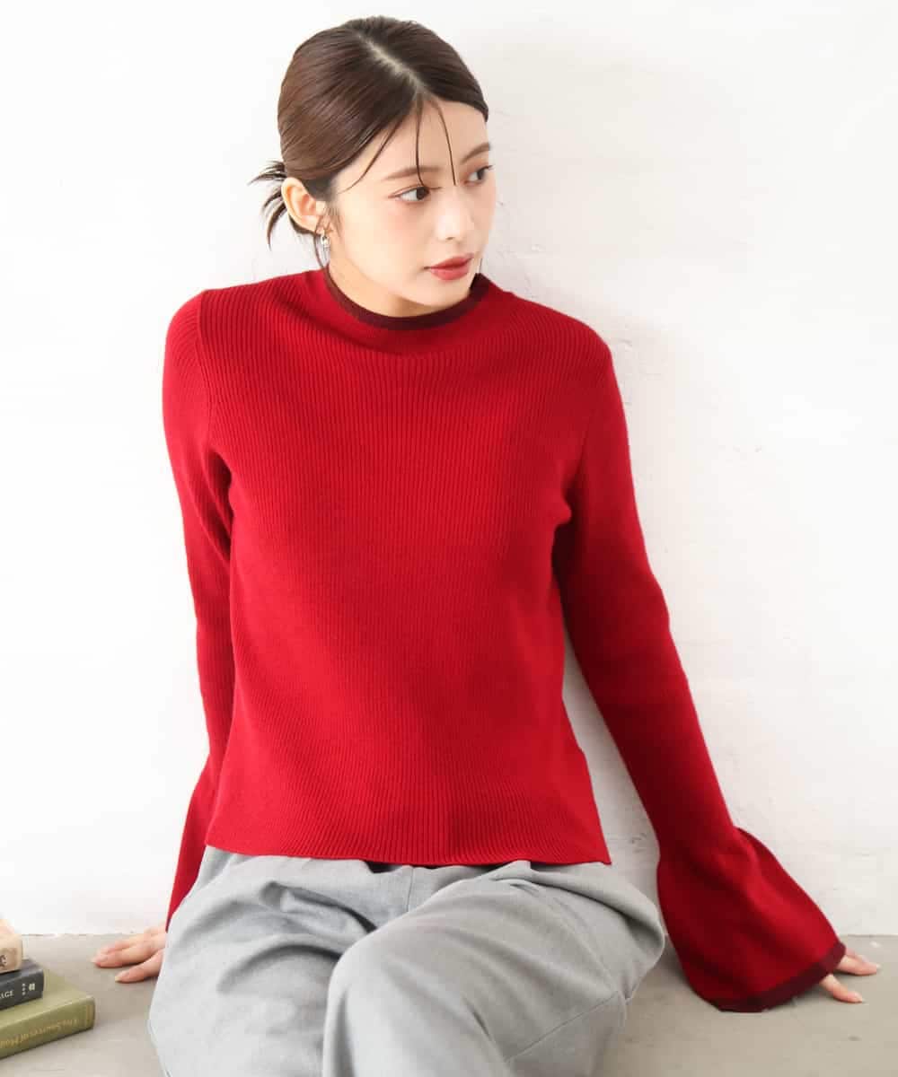 F1FAG43140 MK MICHEL KLEIN(小さいサイズ)(メゾン ドゥ サンク) 【小さいサイズ】[洗える]配色ラメライン入りフレアースリーブニット レッド（無地）