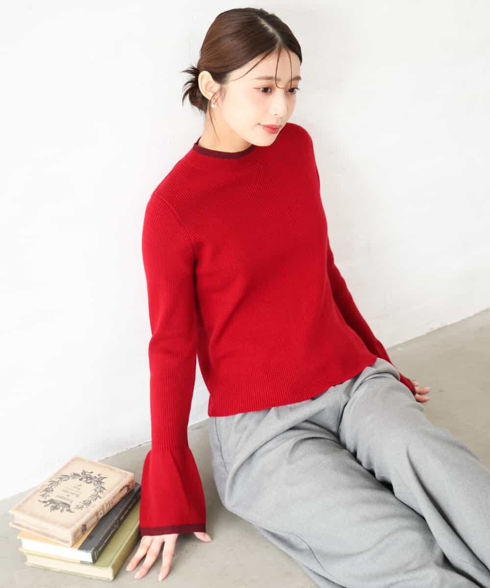 F1FAG43140 MK MICHEL KLEIN(小さいサイズ)(メゾン ドゥ サンク) 【小さいサイズ】[洗える]配色ラメライン入りフレアースリーブニット ホワイト（ボーダー）