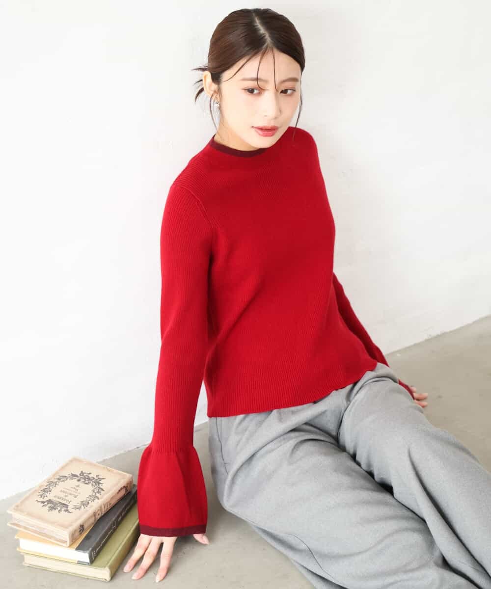 F1FAG43140 MK MICHEL KLEIN(小さいサイズ)(メゾン ドゥ サンク) 【小さいサイズ】[洗える]配色ラメライン入りフレアースリーブニット ホワイト（ボーダー）