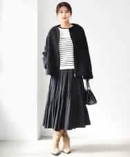 F1FAG43140 MK MICHEL KLEIN(小さいサイズ)(メゾン ドゥ サンク) 【小さいサイズ】[洗える]配色ラメライン入りフレアースリーブニット ホワイト（ボーダー）