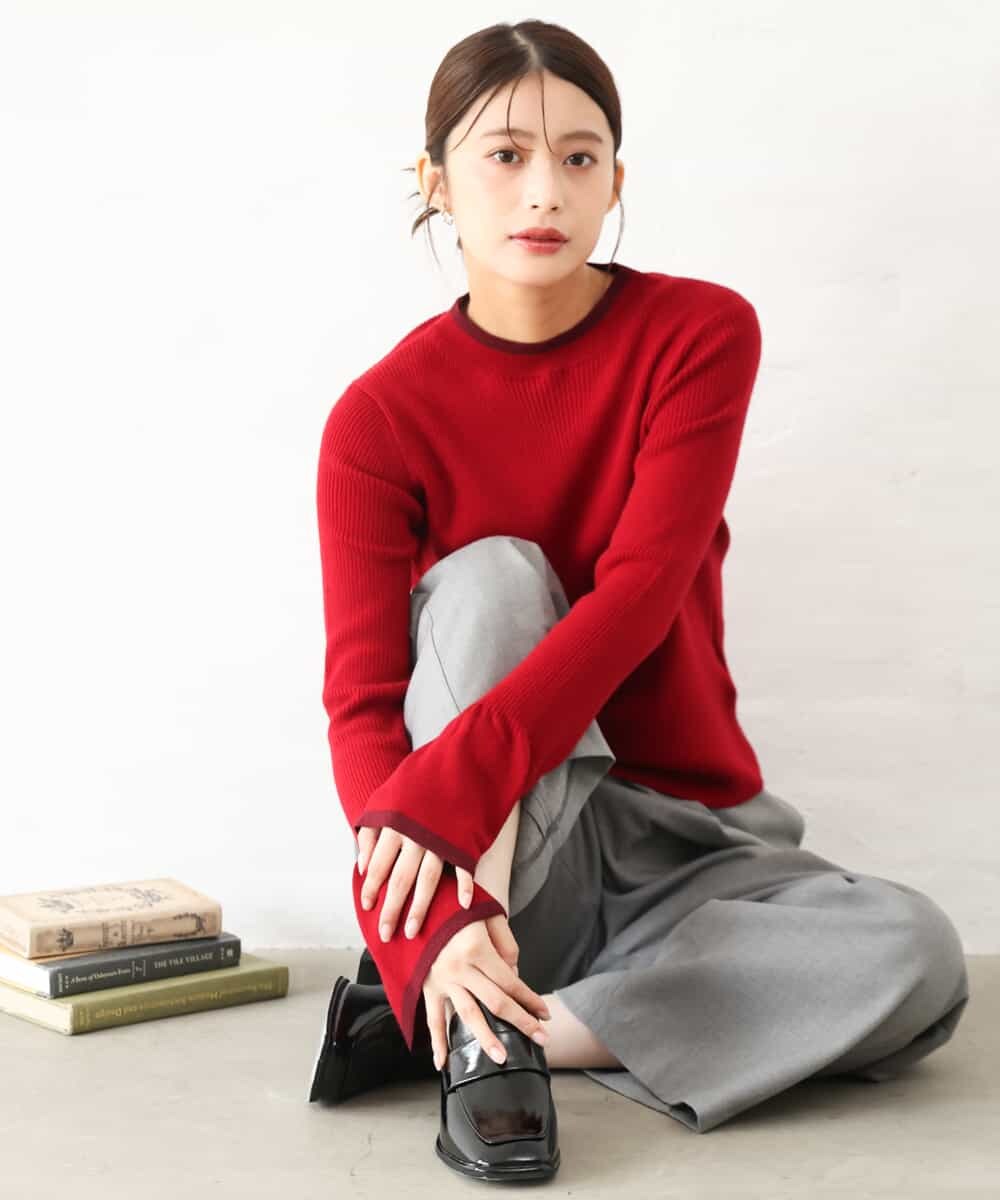 F1FAG43140 MK MICHEL KLEIN(小さいサイズ)(メゾン ドゥ サンク) 【小さいサイズ】[洗える]配色ラメライン入りフレアースリーブニット ホワイト（ボーダー）