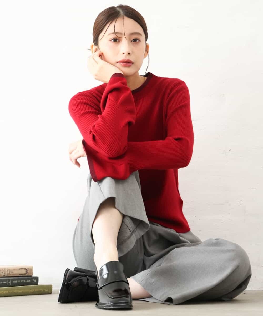 F1FAG43140 MK MICHEL KLEIN(小さいサイズ)(メゾン ドゥ サンク) 【小さいサイズ】[洗える]配色ラメライン入りフレアースリーブニット ホワイト（ボーダー）