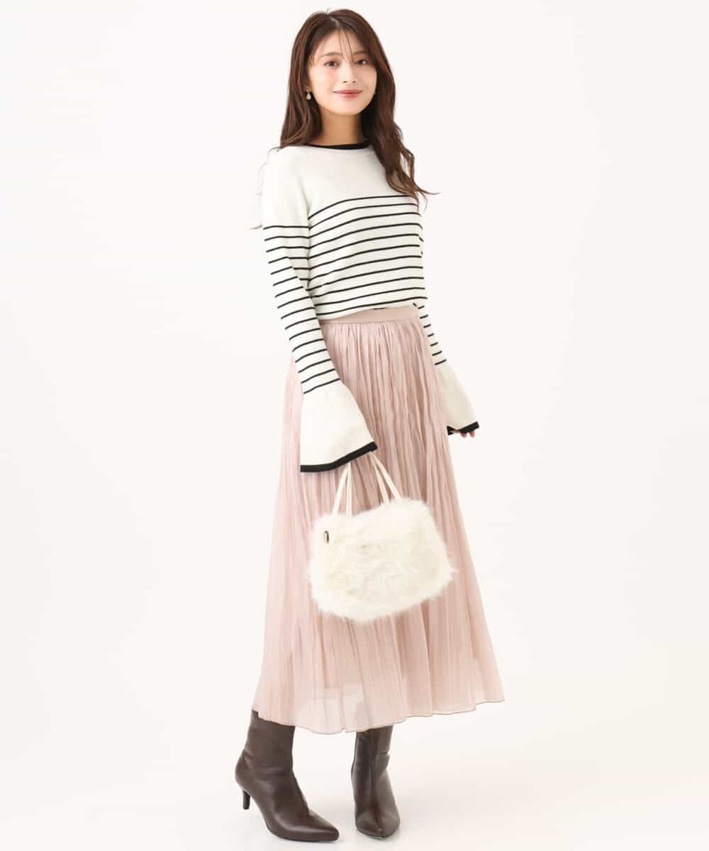 F1FAG43140 MK MICHEL KLEIN(小さいサイズ)(メゾン ドゥ サンク) 【小さいサイズ】[洗える]配色ラメライン入りフレアースリーブニット ホワイト（ボーダー）