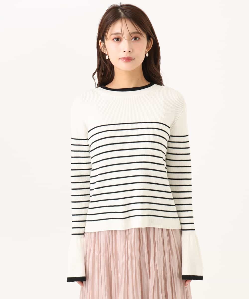 F1FAG43140 MK MICHEL KLEIN(小さいサイズ)(メゾン ドゥ サンク) 【小さいサイズ】[洗える]配色ラメライン入りフレアースリーブニット ホワイト（ボーダー）