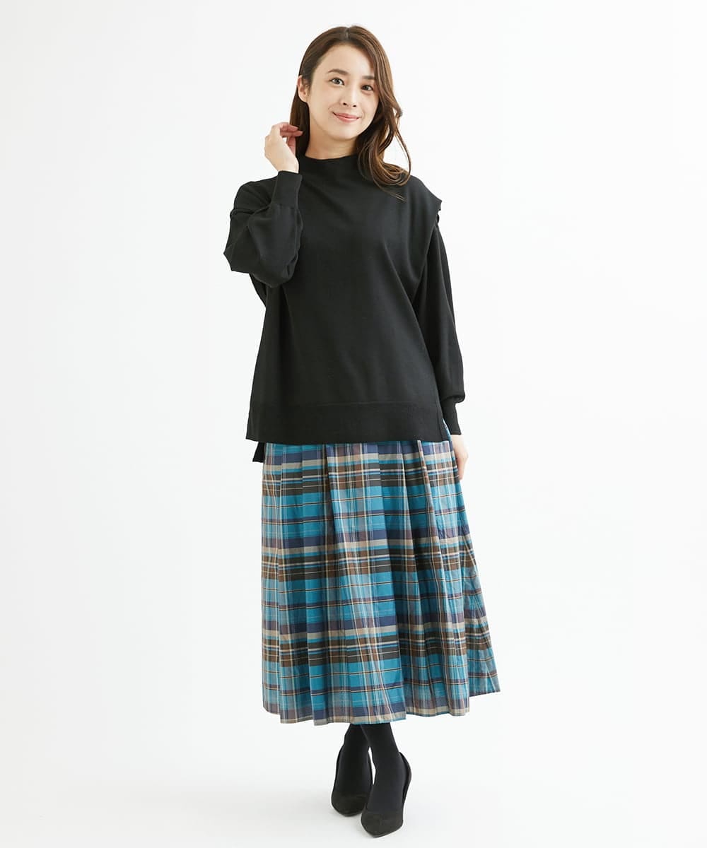 F1FAV49170 MK MICHEL KLEIN(小さいサイズ)(メゾン ドゥ サンク) 【小さいサイズ】ボトルネックニットベスト×ボリュームスリーブニット アンサンブル/洗える グリーン