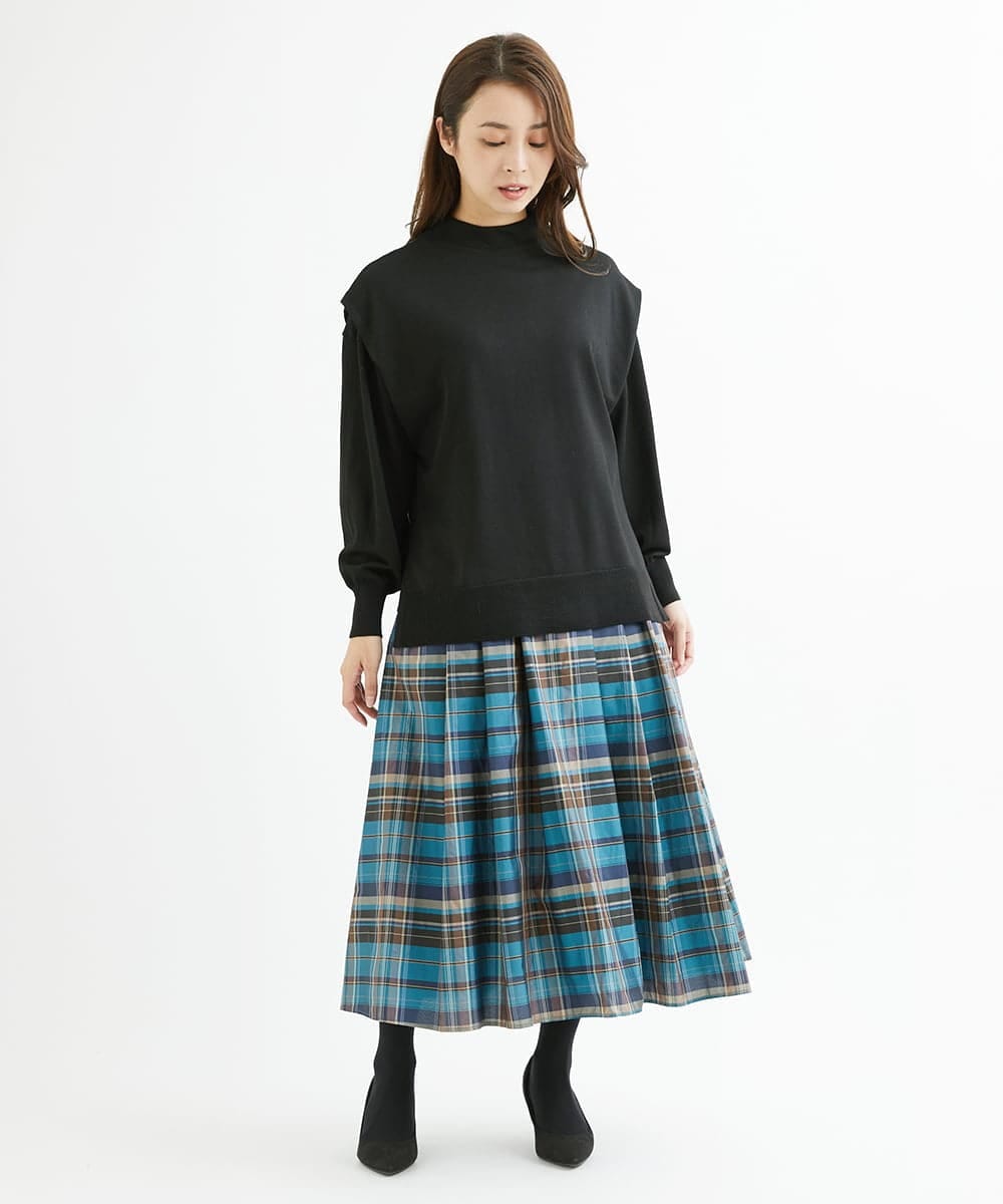 F1FAV49170 MK MICHEL KLEIN(小さいサイズ)(メゾン ドゥ サンク) 【小さいサイズ】ボトルネックニットベスト×ボリュームスリーブニット アンサンブル/洗える グリーン