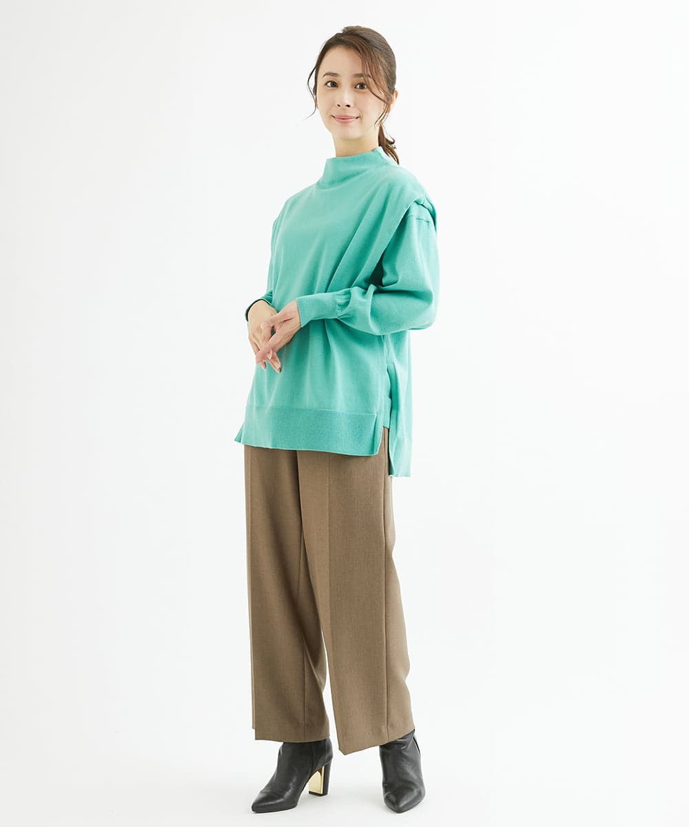 F1FAV49170 MK MICHEL KLEIN(小さいサイズ)(メゾン ドゥ サンク) 【小さいサイズ】ボトルネックニットベスト×ボリュームスリーブニット アンサンブル/洗える グリーン