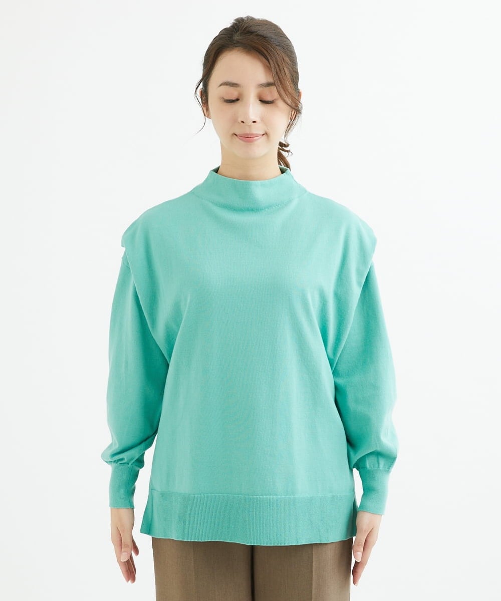 F1FAV49170 MK MICHEL KLEIN(小さいサイズ)(メゾン ドゥ サンク) 【小さいサイズ】ボトルネックニットベスト×ボリュームスリーブニット アンサンブル/洗える グリーン