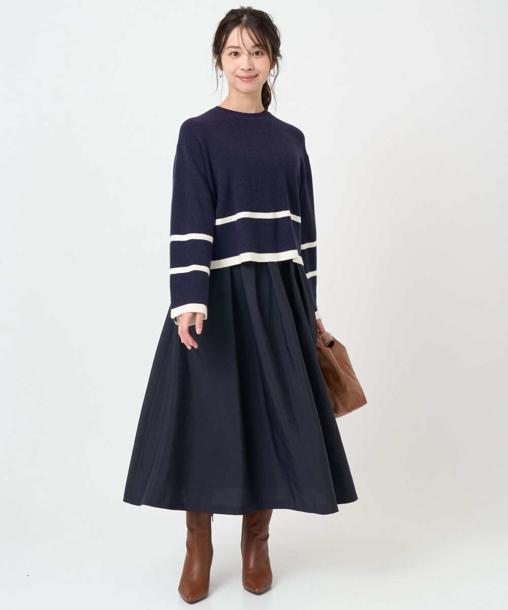 F1FBD53150 MK MICHEL KLEIN(小さいサイズ)(メゾン ドゥ サンク) 【小さいサイズ】配色ライン片畦編みニット/洗える グレー