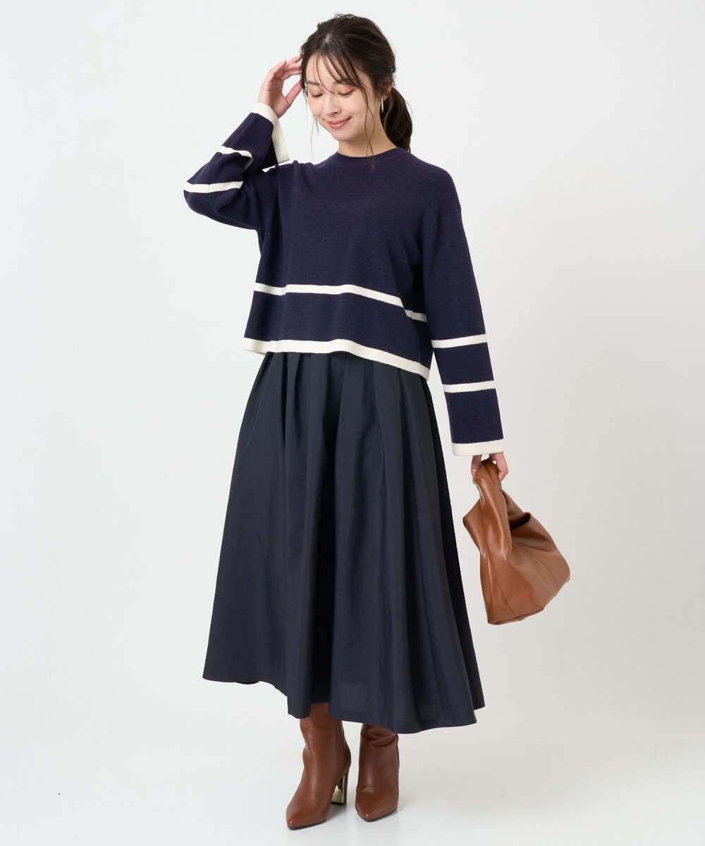 F1FBD53150 MK MICHEL KLEIN(小さいサイズ)(メゾン ドゥ サンク) 【小さいサイズ】配色ライン片畦編みニット/洗える グレー