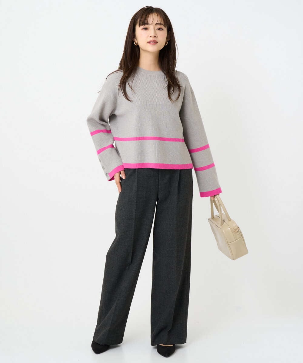 F1FBD53150 MK MICHEL KLEIN(小さいサイズ)(メゾン ドゥ サンク) 【小さいサイズ】配色ライン片畦編みニット/洗える グレー