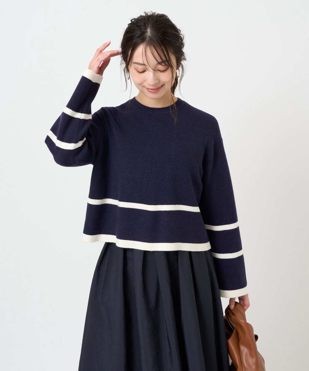 F1FBD53150 MK MICHEL KLEIN(小さいサイズ)(メゾン ドゥ サンク) 【小さいサイズ】配色ライン片畦編みニット/洗える グレー