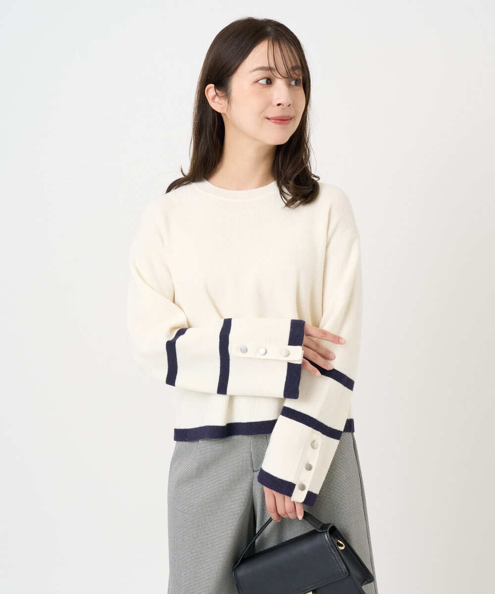 F1FBD53150 MK MICHEL KLEIN(小さいサイズ)(メゾン ドゥ サンク) 【小さいサイズ】配色ライン片畦編みニット/洗える グレー