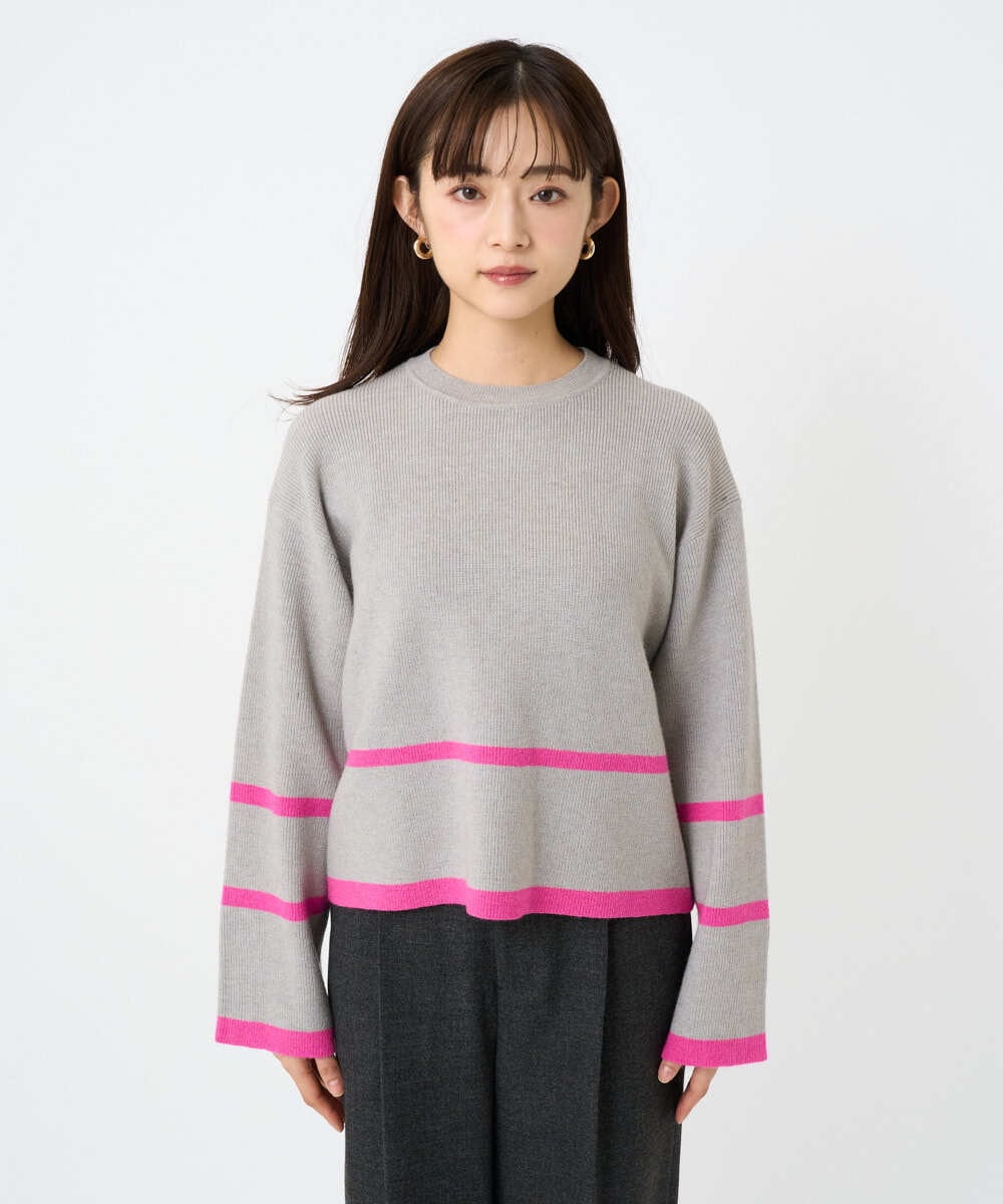 F1FBD53150 MK MICHEL KLEIN(小さいサイズ)(メゾン ドゥ サンク) 【小さいサイズ】配色ライン片畦編みニット/洗える グレー