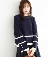 F1FBD53150 MK MICHEL KLEIN(小さいサイズ)(メゾン ドゥ サンク) 【小さいサイズ】配色ライン片畦編みニット/洗える ネイビー