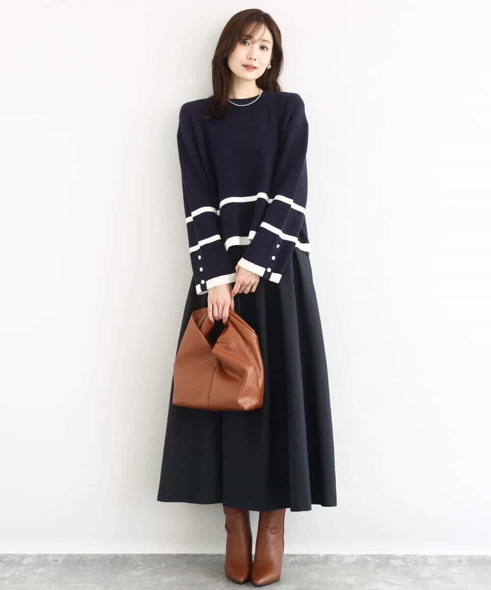 F1FBD53150 MK MICHEL KLEIN(小さいサイズ)(メゾン ドゥ サンク) 【小さいサイズ】配色ライン片畦編みニット/洗える グレー