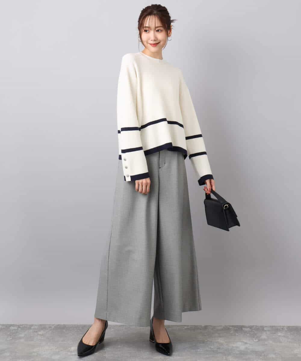 F1FBD53150 MK MICHEL KLEIN(小さいサイズ)(メゾン ドゥ サンク) 【小さいサイズ】配色ライン片畦編みニット/洗える グレー