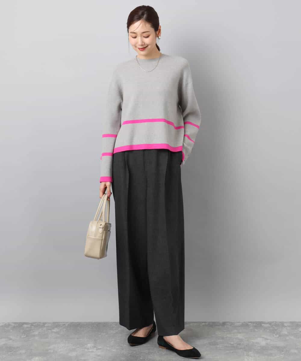 F1FBD53150 MK MICHEL KLEIN(小さいサイズ)(メゾン ドゥ サンク) 【小さいサイズ】配色ライン片畦編みニット/洗える グレー