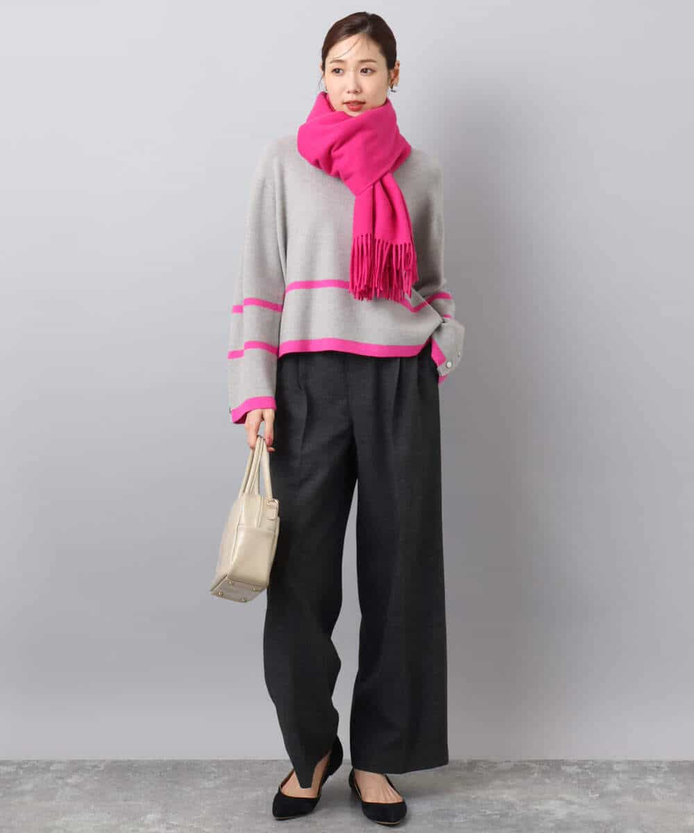 F1FBD53150 MK MICHEL KLEIN(小さいサイズ)(メゾン ドゥ サンク) 【小さいサイズ】配色ライン片畦編みニット/洗える グレー