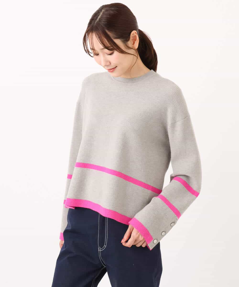 F1FBD53150 MK MICHEL KLEIN(小さいサイズ)(メゾン ドゥ サンク) 【小さいサイズ】配色ライン片畦編みニット/洗える グレー