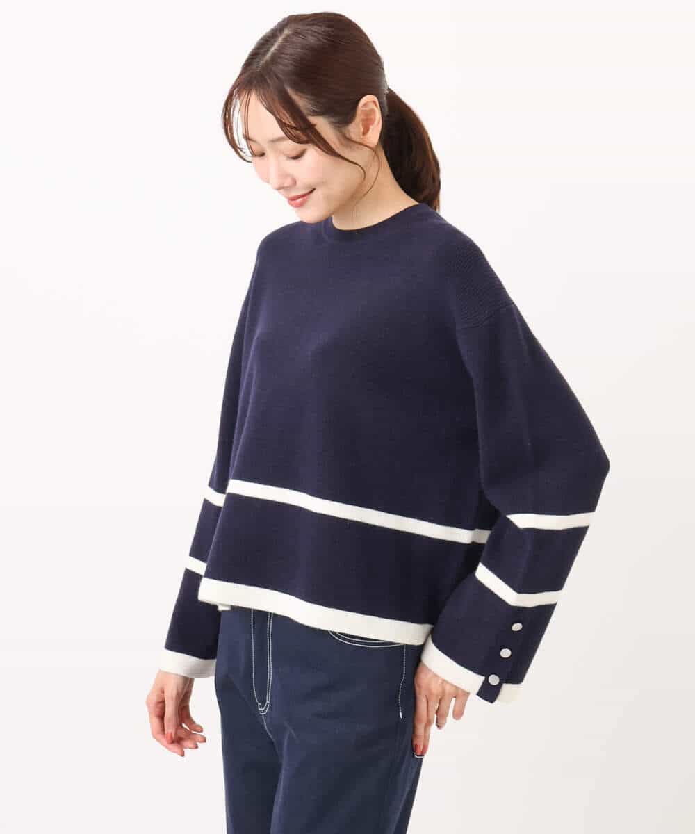 F1FBD53150 MK MICHEL KLEIN(小さいサイズ)(メゾン ドゥ サンク) 【小さいサイズ】配色ライン片畦編みニット/洗える グレー