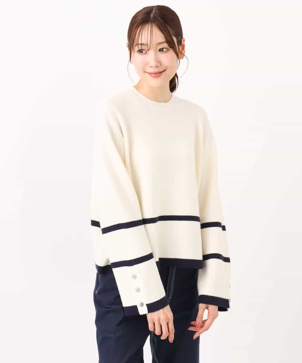 F1FBD53150 MK MICHEL KLEIN(小さいサイズ)(メゾン ドゥ サンク) 【小さいサイズ】配色ライン片畦編みニット/洗える グレー