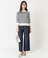 F1FDA10100 MK MICHEL KLEIN(小さいサイズ)(メゾン ドゥ サンク) 【小さいサイズ】ボーダー柄モックネック六分袖ニット/洗える ネイビー