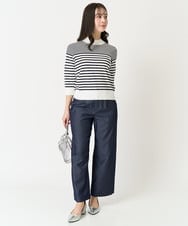 F1FDA10100 MK MICHEL KLEIN(小さいサイズ)(メゾン ドゥ サンク) 【小さいサイズ】ボーダー柄モックネック六分袖ニット/洗える ネイビー